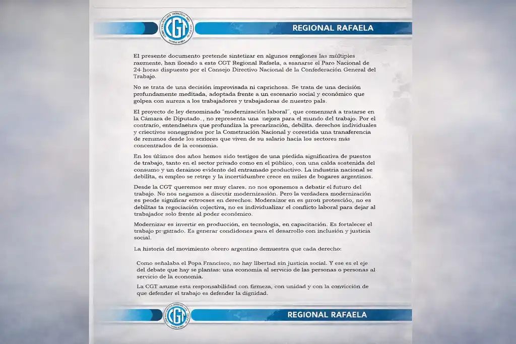 Paro General: Comunicado de la CGT Rafaela