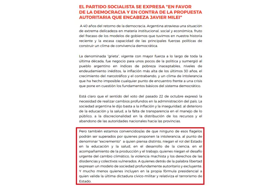 Comunicado del Partido Socialista
