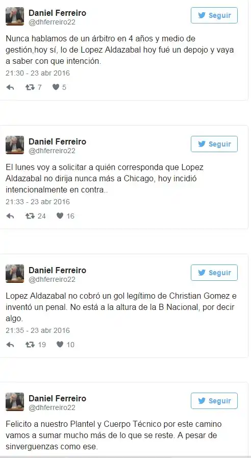 Tras la derrota en Gualeguaychú, el vice de Chicago durísimo con el árbitro 