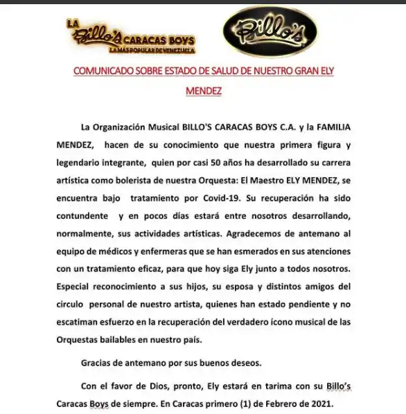 El comunicado oficial sobre la salud de Ely Méndez en Instagram.