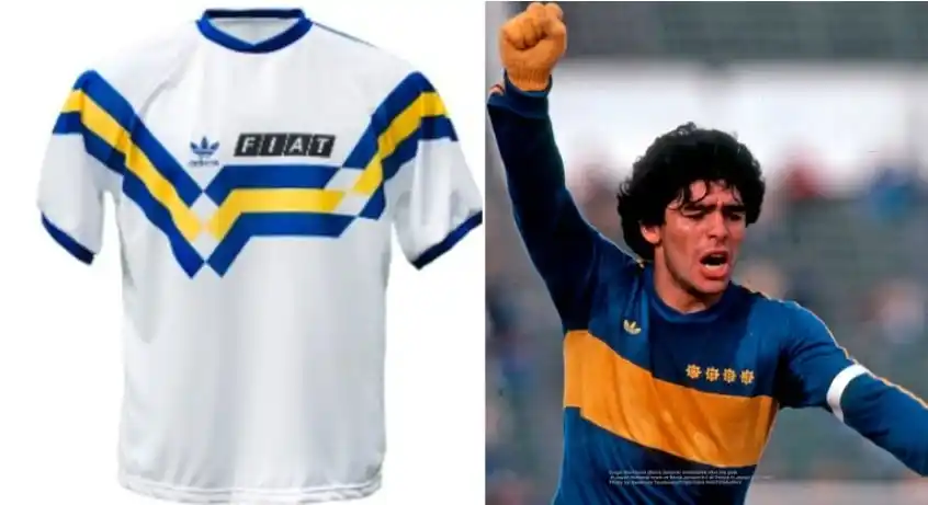 La nueva camiseta alternativa de Boca se parecería a una que utilizó a principios de los 90 (izquierda). En 2021 lanzaría un modelo especial por el título con Maradona en el 81 (derecha)