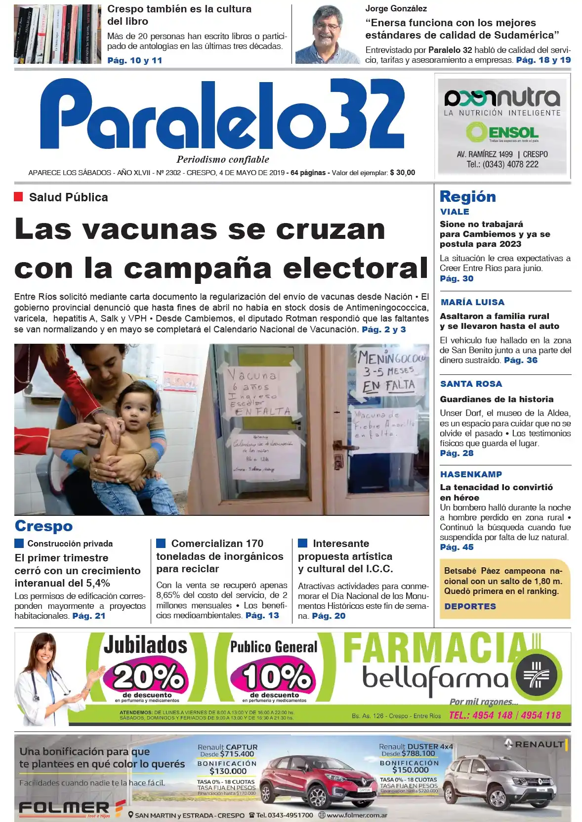 Tapa edición Crespo Paralelo 32 4 del mayo 2019