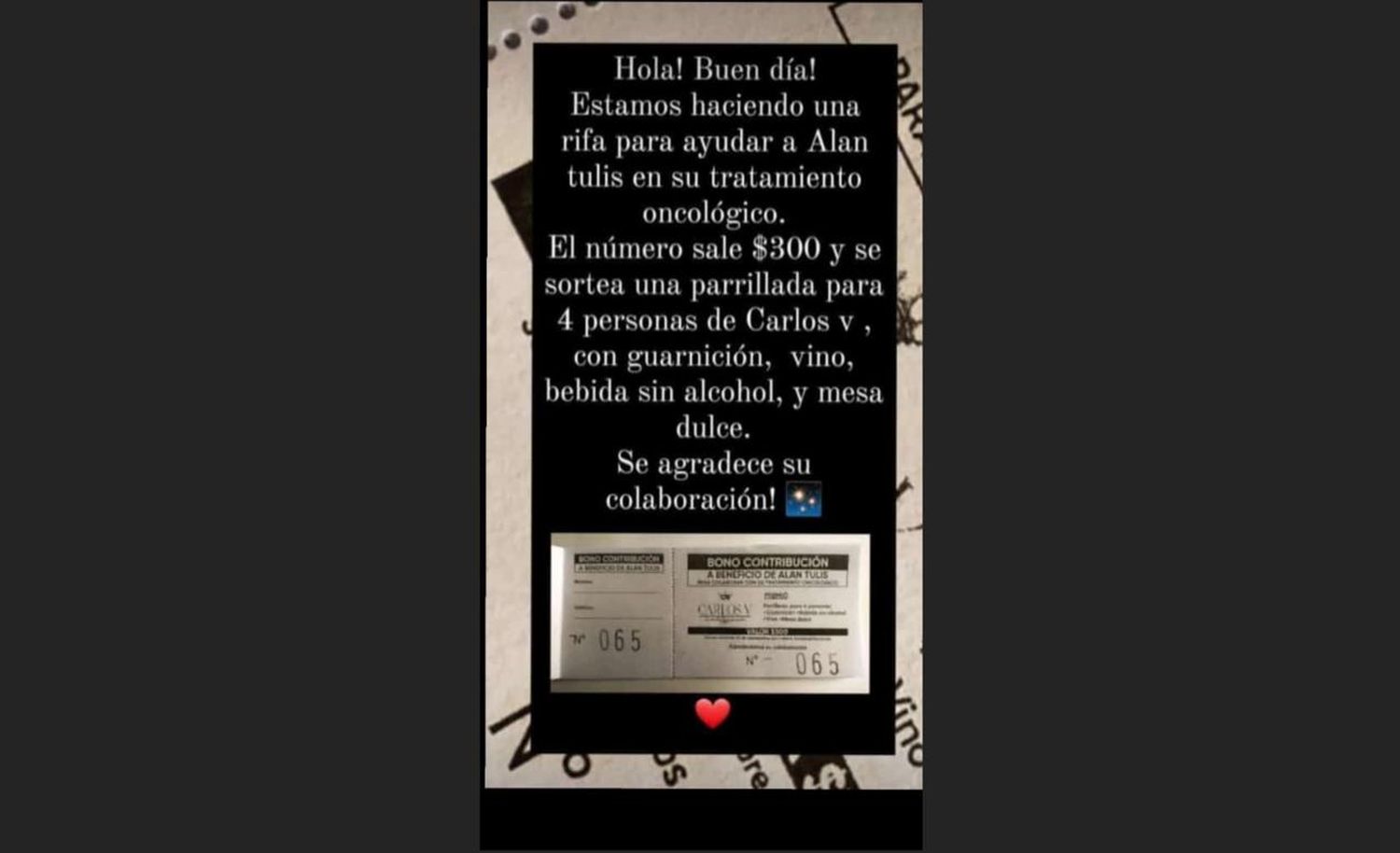 Rifa para ayudar a Alan Tulis en su tratamiento oncológico