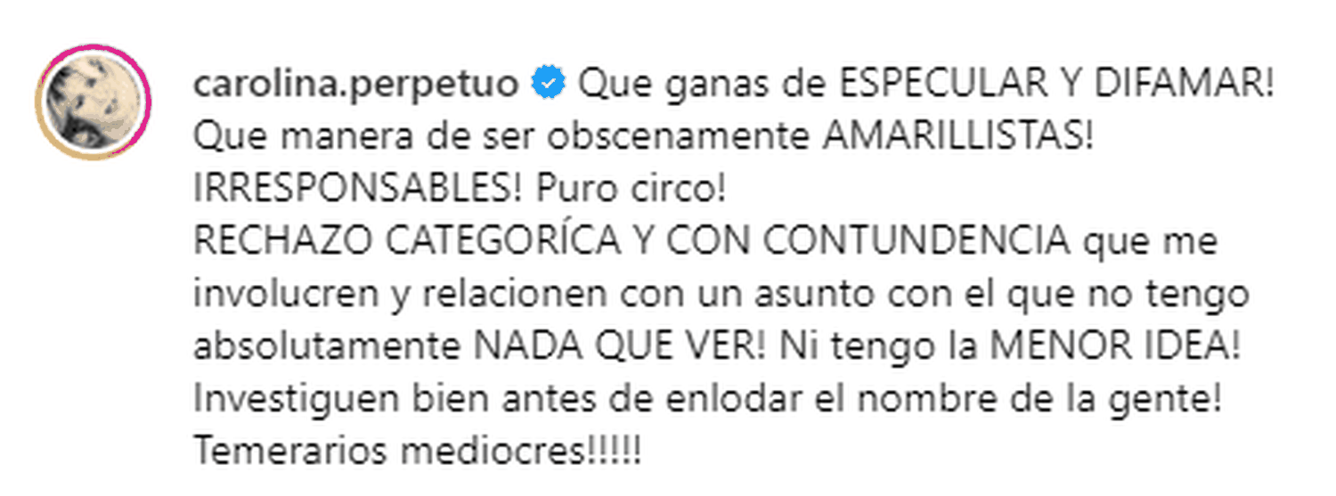 Carolina Perpetuo se desligó de cualquier señalamiento. Foto Instagram