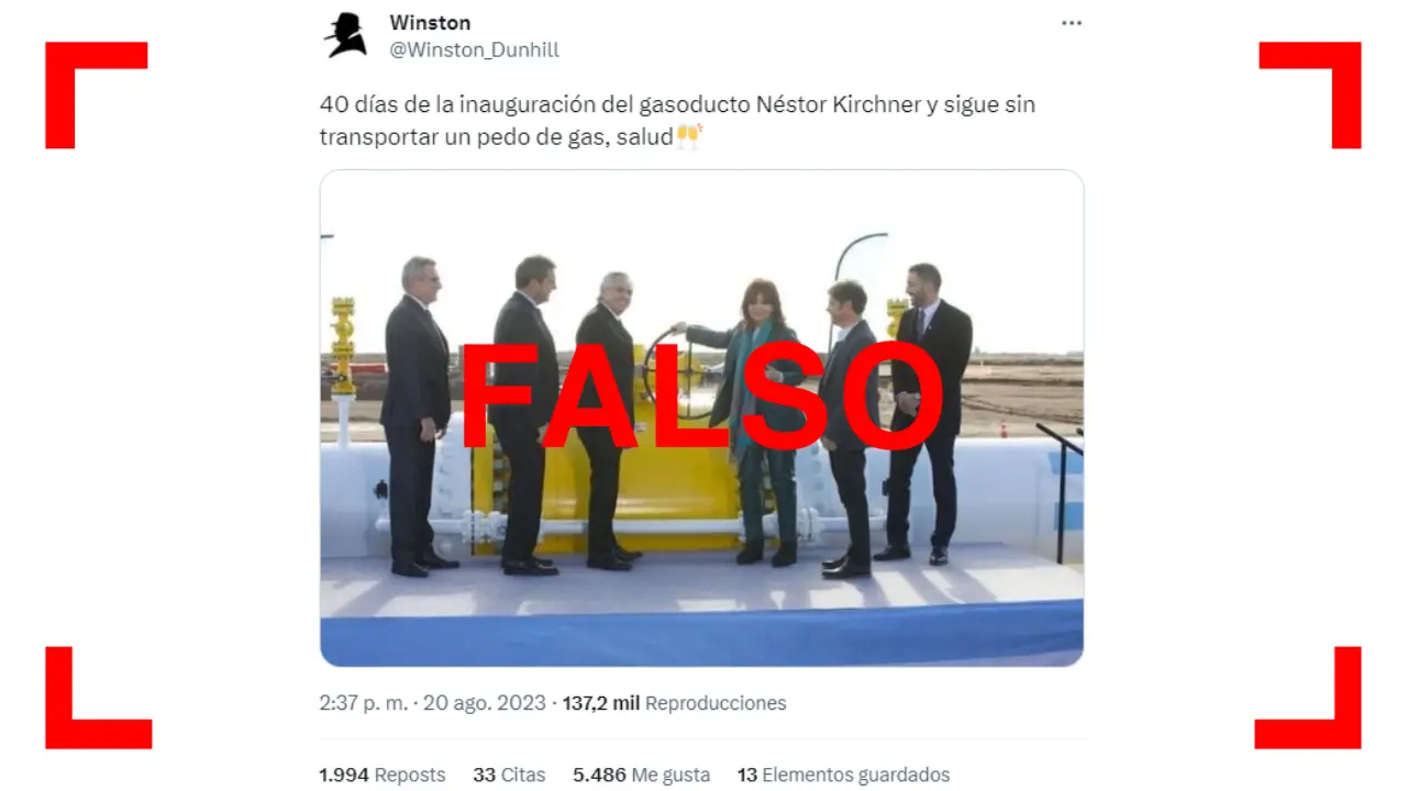 Es falso que el gasoducto Néstor Kirchner no esté transportando gas