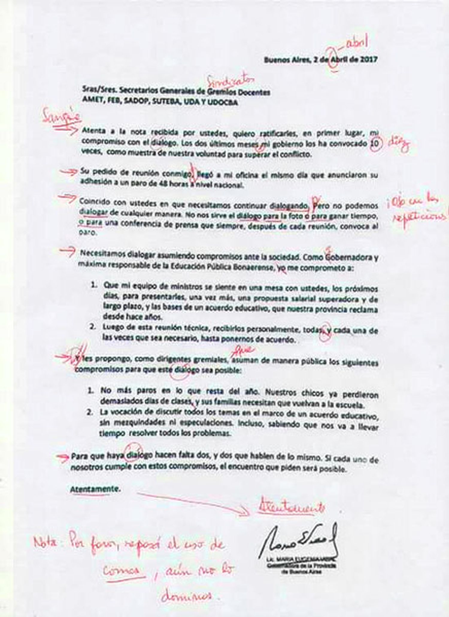 Docentes le devuelven la carta a Vidal pero corregida