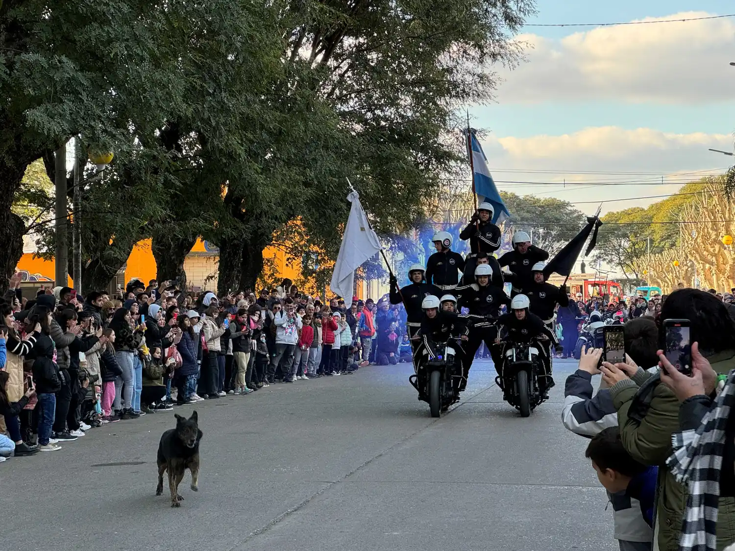 Hasta el perro quedó asombrado con la exhibición de acrobacias con banderas argentinas de la Brigada Blanca en el centro de la ciudad.