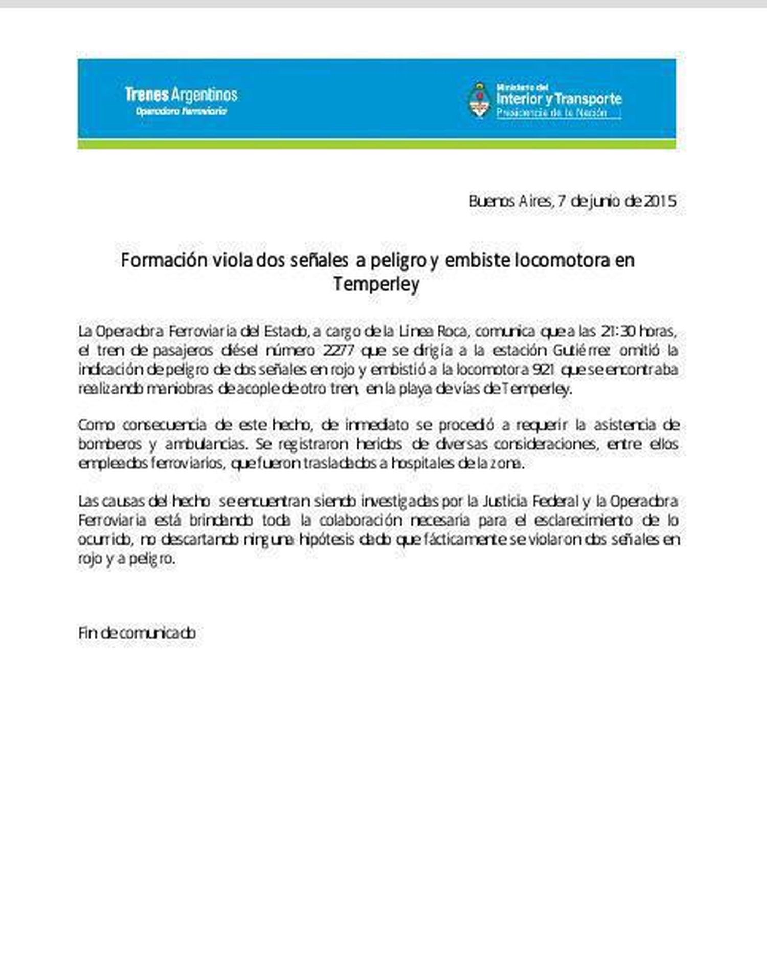 Choque de trenes en Temperley: Comunicado del Ministro de Transporte Florencio Randazzo