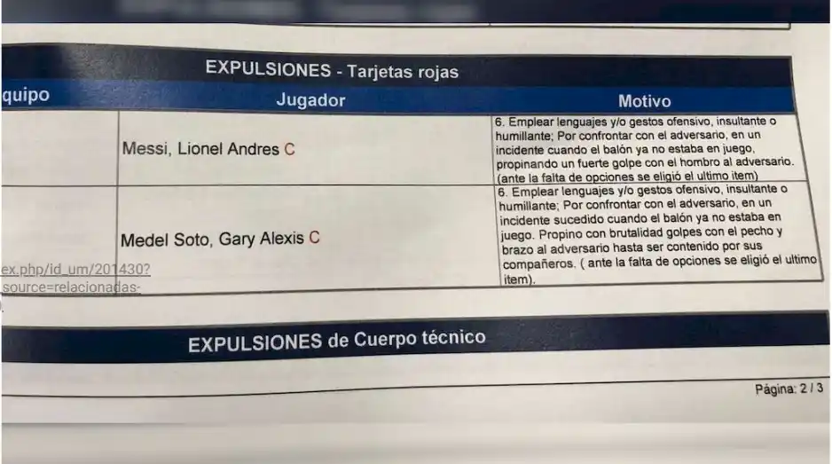  Se filtró el informe del árbitro sobre las expulsiones de Messi y Medel