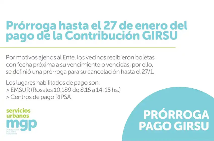 Se prorrogó hasta el 27 de enero el pago de la contribución GIRSU