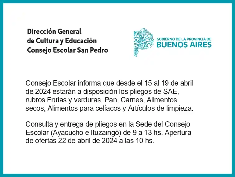[Publicación Oficial] Consejo Escolar San Pedro: Pliegos SAE disponibles