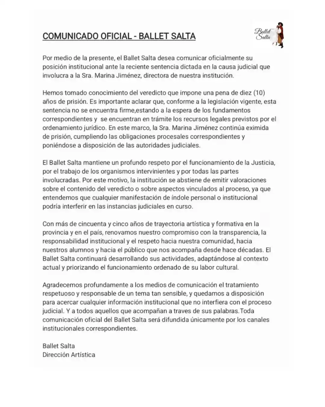 comunicado del ballet salta