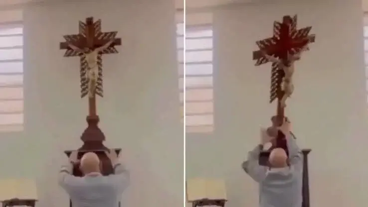 Un sacerdote casi muere aplastado por un enorme crucifijo en Colombia: el impactante video