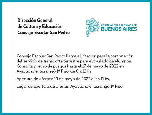 [Publicación Oficial] Consejo Escolar de San Pedro: contratación del servicio de transporte terrestre para el traslado de alumnos