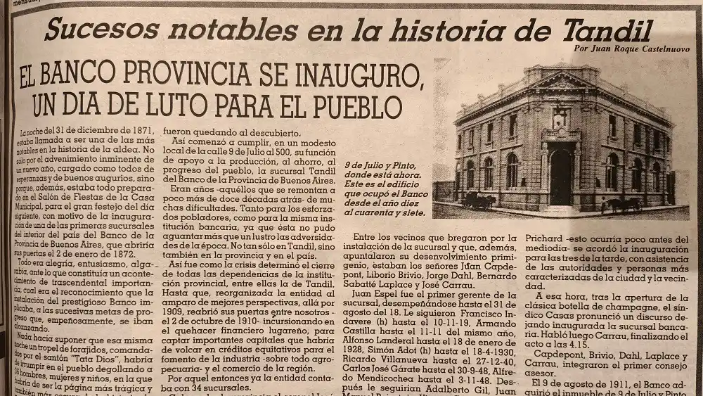 El Banco Provincia se inauguró un día de luto para el pueblo