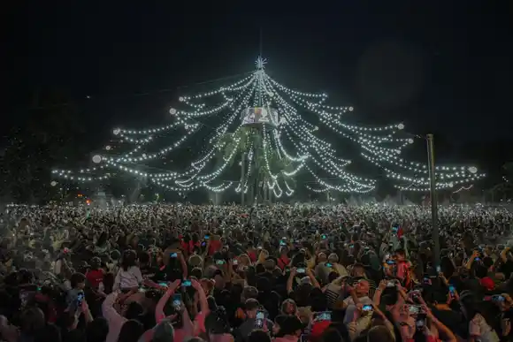 El tradicional árbol de Navidad ya ilumina la rotonda de Oroño y Pellegrini