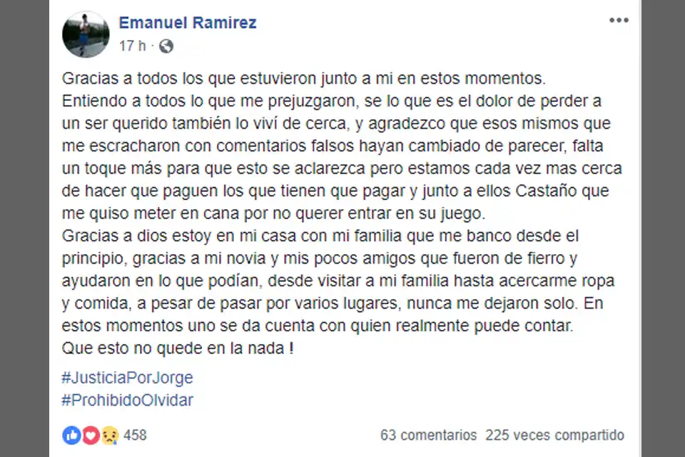 Ramírez: "Gracias a todos los que estuvieron junto a mí en estos momentos"