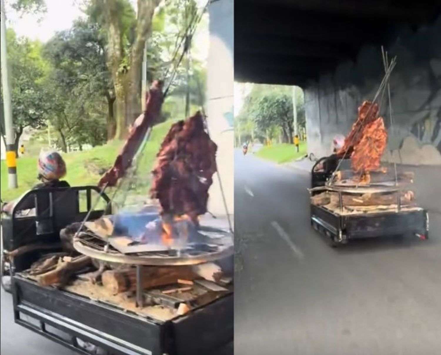 Video: un hombre llevó un asado en moto y la increíble escena se volvió viral