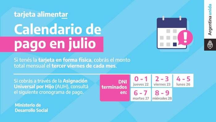 Cronograma de pago de  la Tarjeta Alimentar  para el mes de julio