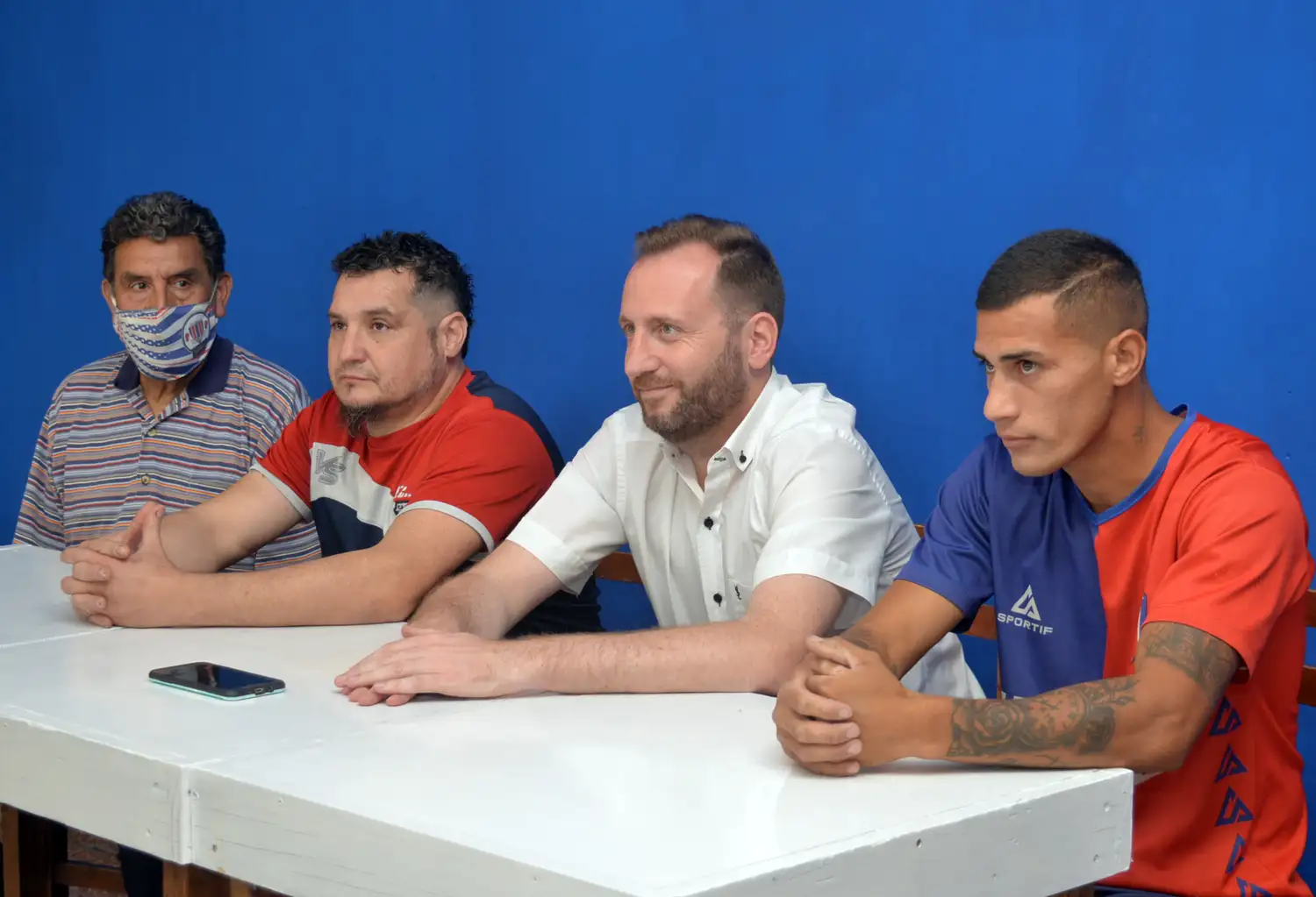 Pereyra, Leiva, Lester y Ferrando; durante la presentación en Ferro.